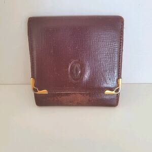 Cartier Vintage Mini Coin Holder Wallet‎ Bordeaux Leather Small Red Burgundy